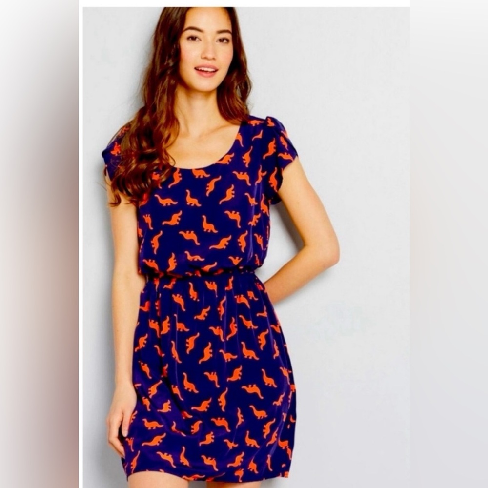 Modcloth by Peach Love Blue and Orange Dinosaur Print Dress - M